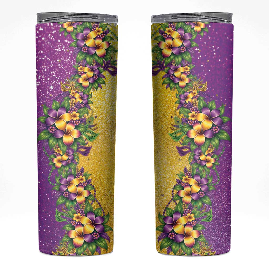 Hawaii Mardi Gras Skinny Tumbler Plumeria Lei Beads Glitter Style