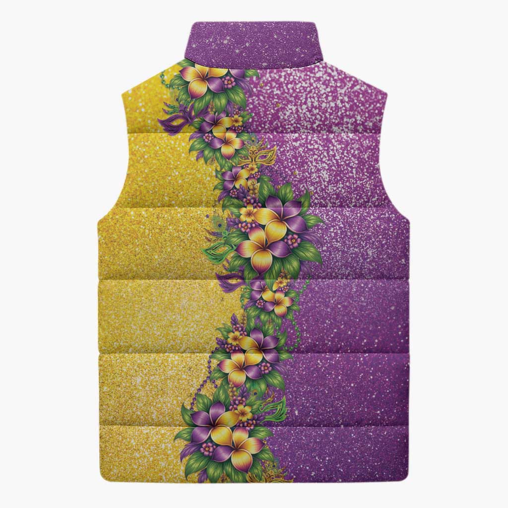 Hawaii Mardi Gras Sleeveless Puffer Jacket Plumeria Lei Beads Glitter Style