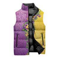 Hawaii Mardi Gras Sleeveless Puffer Jacket Plumeria Lei Beads Glitter Style