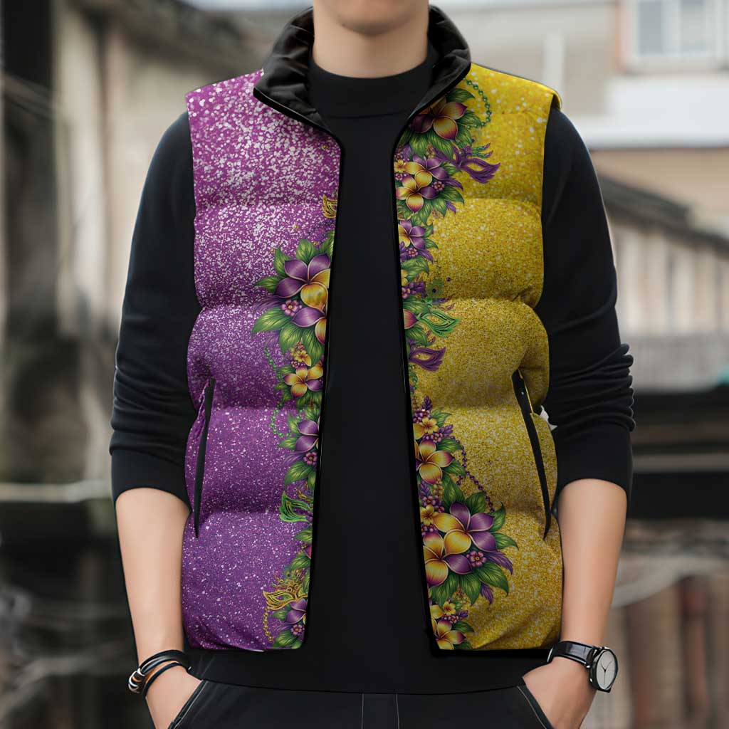 Hawaii Mardi Gras Sleeveless Puffer Jacket Plumeria Lei Beads Glitter Style