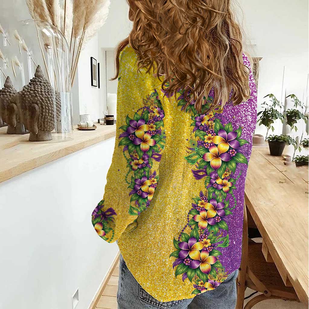 Hawaii Mardi Gras Women Casual Shirt Plumeria Lei Beads Glitter Style