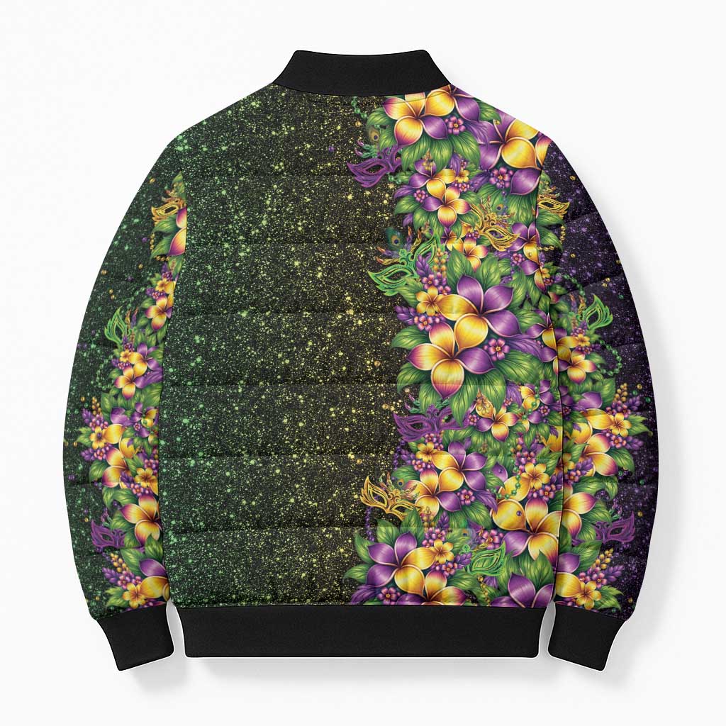 Hawaii Mardi Gras Bomber Puffer Jacket Tropical Flowers Glitter Style