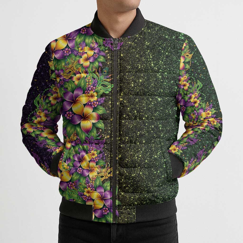 Hawaii Mardi Gras Bomber Puffer Jacket Tropical Flowers Glitter Style