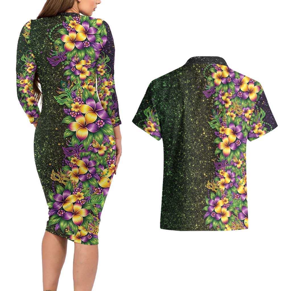 Hawaii Mardi Gras Couples Matching Long Sleeve Bodycon Dress and Hawaiian Shirt Tropical Flowers Glitter Style
