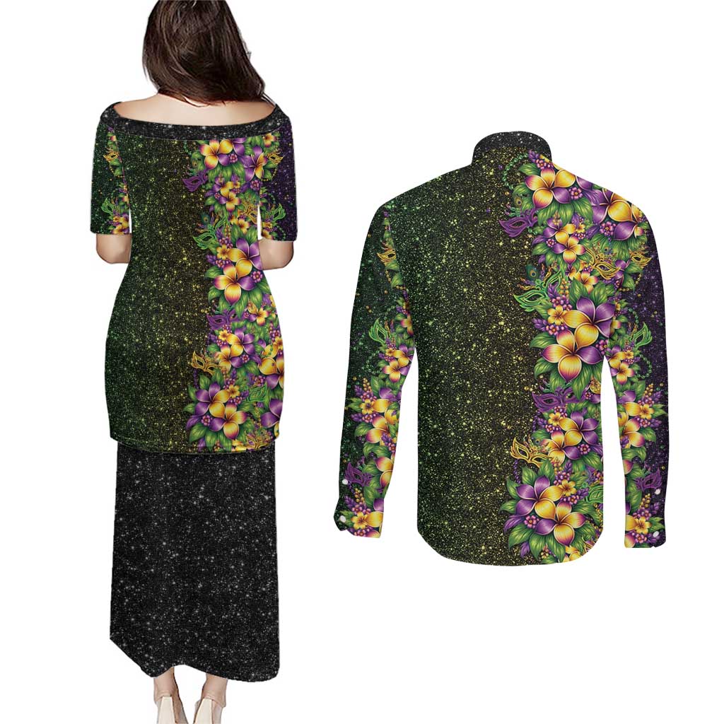 Hawaii Mardi Gras Couples Matching Puletasi and Long Sleeve Button Shirt Tropical Flowers Glitter Style
