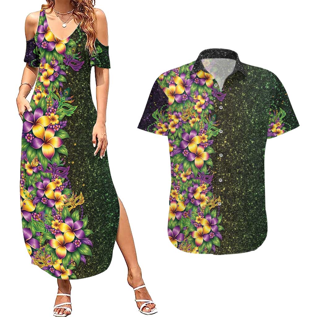 Hawaii Mardi Gras Couples Matching Summer Maxi Dress and Hawaiian Shirt Tropical Flowers Glitter Style LT05 Black - Polynesian Pride