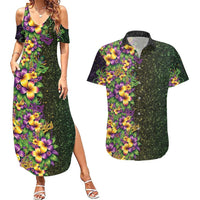 Hawaii Mardi Gras Couples Matching Summer Maxi Dress and Hawaiian Shirt Tropical Flowers Glitter Style LT05 Black - Polynesian Pride