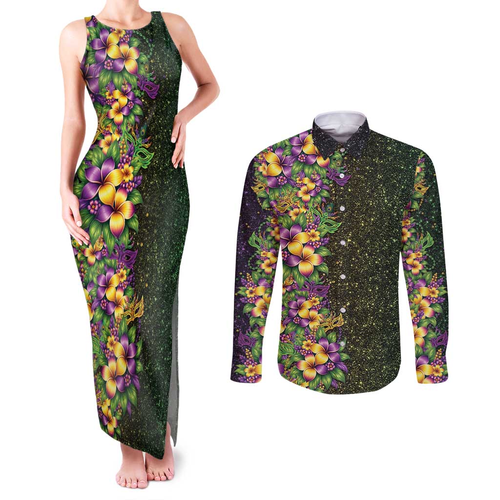 Hawaii Mardi Gras Couples Matching Tank Maxi Dress and Long Sleeve Button Shirt Tropical Flowers Glitter Style LT05 Black - Polynesian Pride