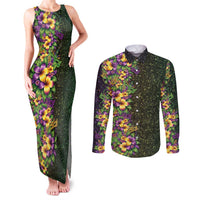 Hawaii Mardi Gras Couples Matching Tank Maxi Dress and Long Sleeve Button Shirt Tropical Flowers Glitter Style LT05 Black - Polynesian Pride