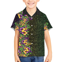 Hawaii Mardi Gras Family Matching Off The Shoulder Long Sleeve Dress and Hawaiian Shirt Tropical Flowers Glitter Style LT05 Son's Shirt Black - Polynesian Pride