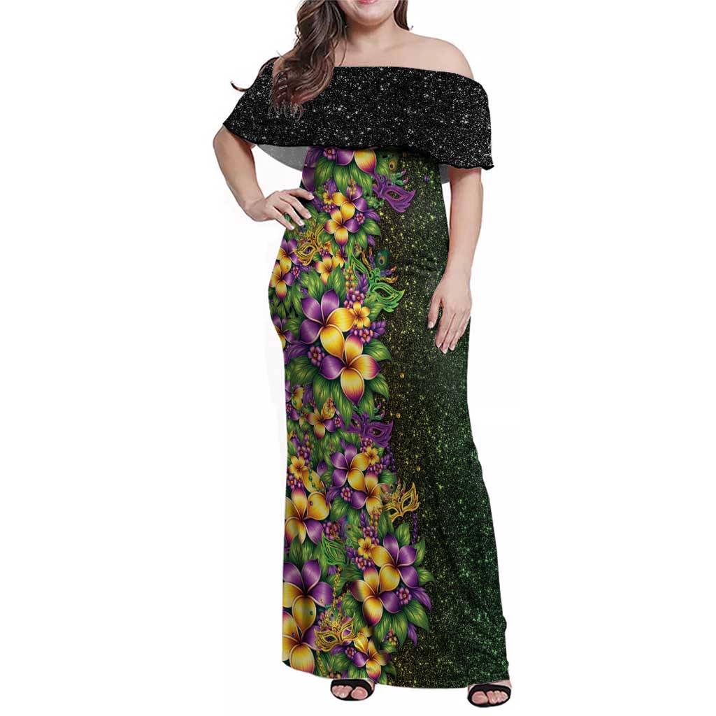 Hawaii Mardi Gras Family Matching Off Shoulder Maxi Dress and Hawaiian Shirt Tropical Flowers Glitter Style LT05 Mom's Dress Black - Polynesian Pride