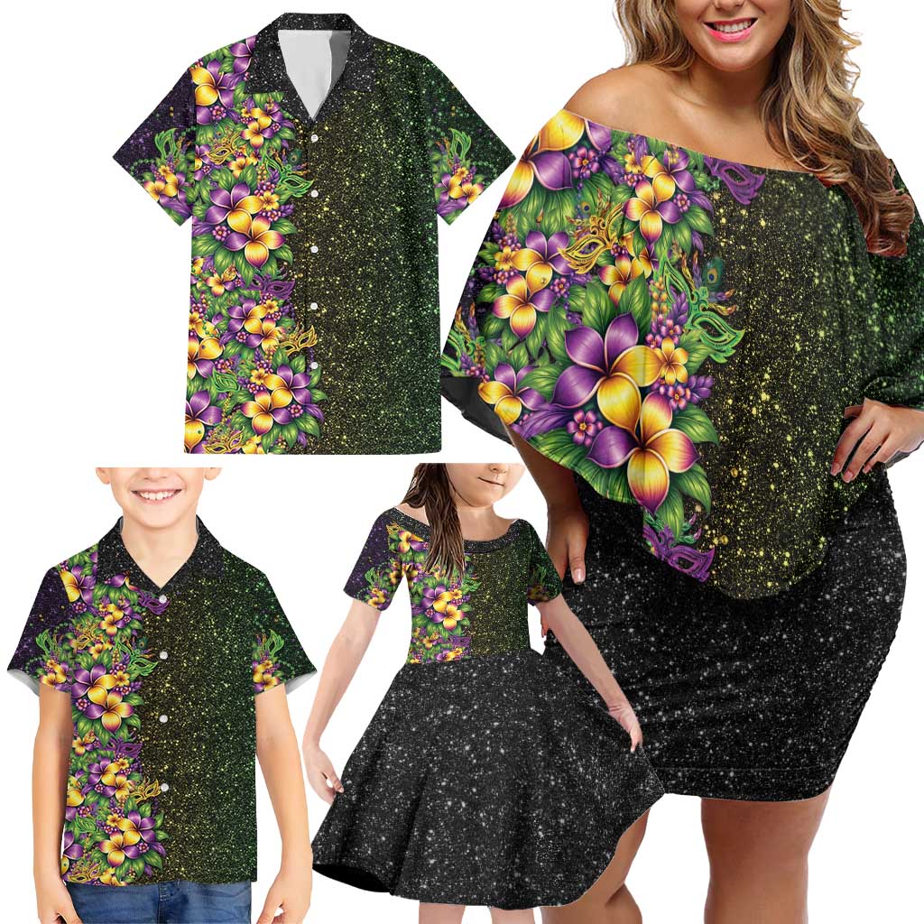 Hawaii Mardi Gras Family Matching Off Shoulder Short Dress and Hawaiian Shirt Tropical Flowers Glitter Style LT05 - Polynesian Pride