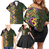Hawaii Mardi Gras Family Matching Off Shoulder Short Dress and Hawaiian Shirt Tropical Flowers Glitter Style LT05 - Polynesian Pride