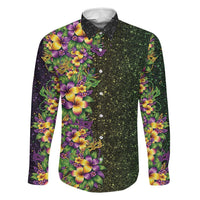 Hawaii Mardi Gras Family Matching Off Shoulder Short Dress and Hawaiian Shirt Tropical Flowers Glitter Style LT05 Dad's Shirt - Long Sleeve Black - Polynesian Pride