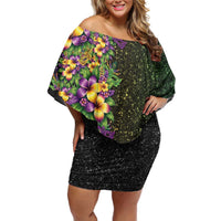 Hawaii Mardi Gras Family Matching Off Shoulder Short Dress and Hawaiian Shirt Tropical Flowers Glitter Style LT05 Mom's Dress Black - Polynesian Pride
