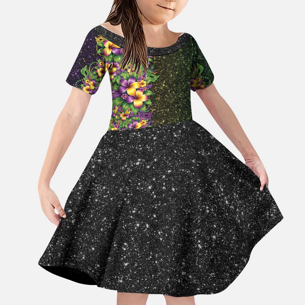 Hawaii Mardi Gras Family Matching Short Sleeve Bodycon Dress and Hawaiian Shirt Tropical Flowers Glitter Style LT05 Daughter's Dress Black - Polynesian Pride