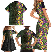 Hawaii Mardi Gras Family Matching Short Sleeve Bodycon Dress and Hawaiian Shirt Tropical Flowers Glitter Style LT05 - Polynesian Pride