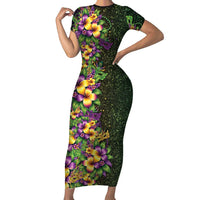 Hawaii Mardi Gras Family Matching Short Sleeve Bodycon Dress and Hawaiian Shirt Tropical Flowers Glitter Style LT05 Mom's Dress Black - Polynesian Pride