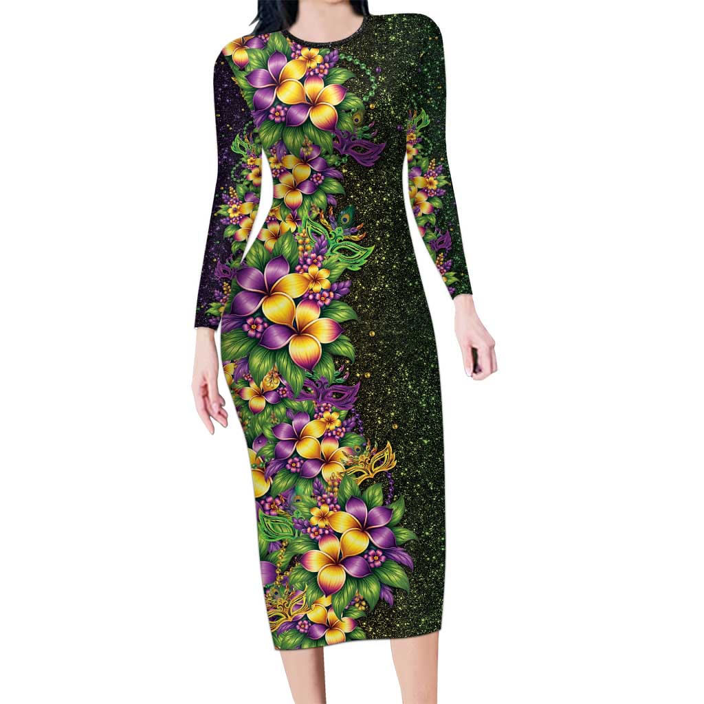 Hawaii Mardi Gras Long Sleeve Bodycon Dress Tropical Flowers Glitter Style
