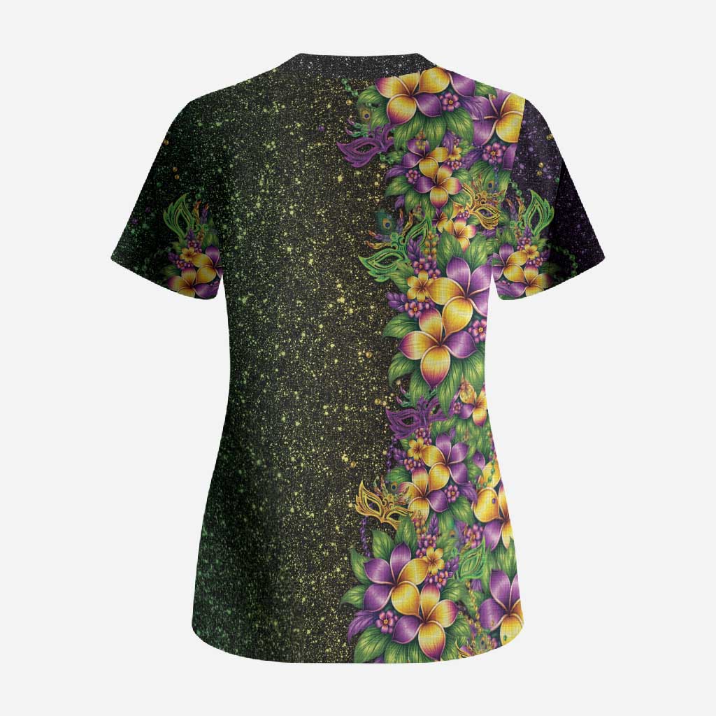 Hawaii Mardi Gras Scrub Top Tropical Flowers Glitter Style