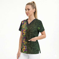 Hawaii Mardi Gras Scrub Top Tropical Flowers Glitter Style