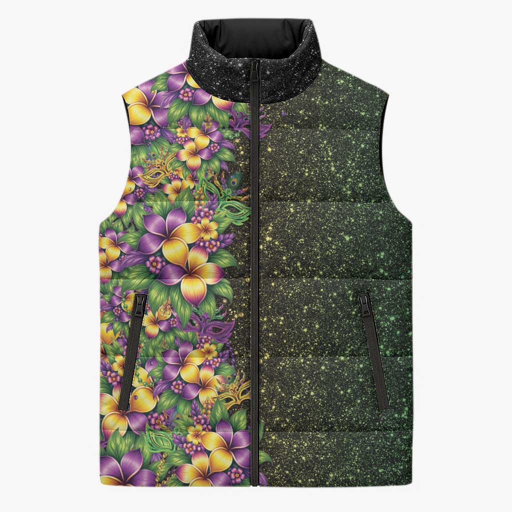 Hawaii Mardi Gras Sleeveless Puffer Jacket Tropical Flowers Glitter Style