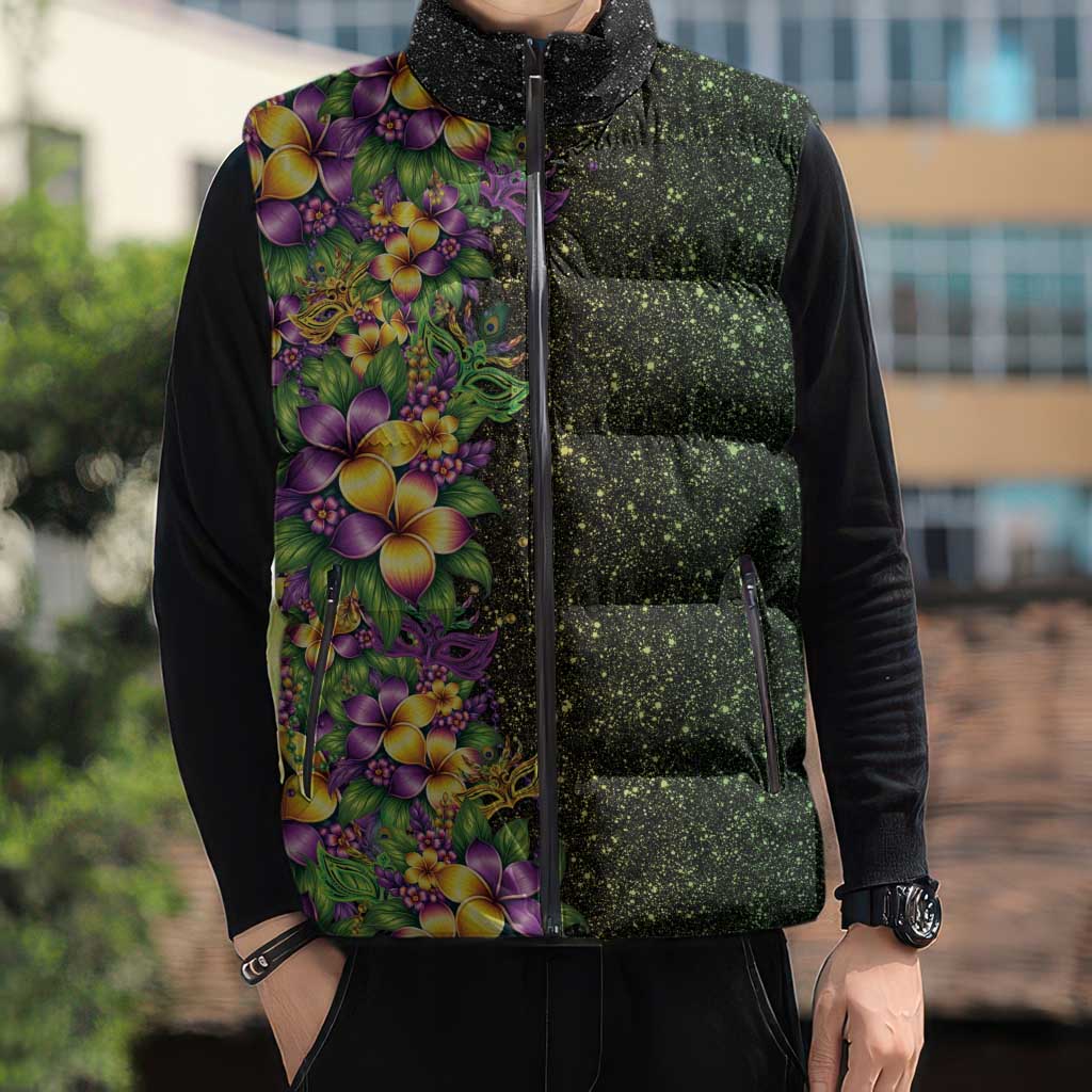 Hawaii Mardi Gras Sleeveless Puffer Jacket Tropical Flowers Glitter Style