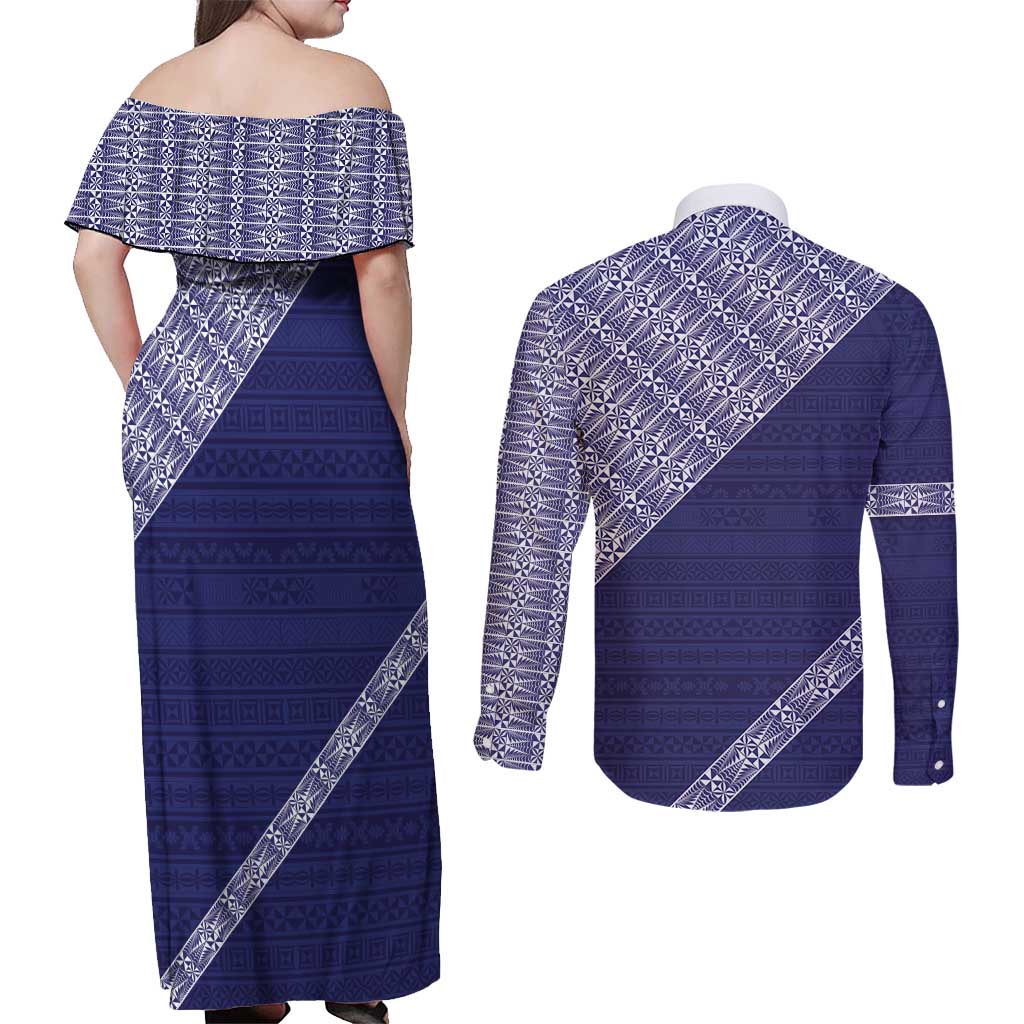 Tonga Queen Salote College Couples Matching Off Shoulder Maxi Dress and Long Sleeve Button Shirt 100 Years Anniversary Navy Color