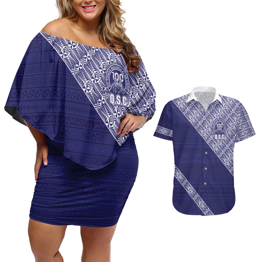 Tonga Queen Salote College Couples Matching Off Shoulder Short Dress and Hawaiian Shirt 100 Years Anniversary Navy Color LT05 Navy - Polynesian Pride