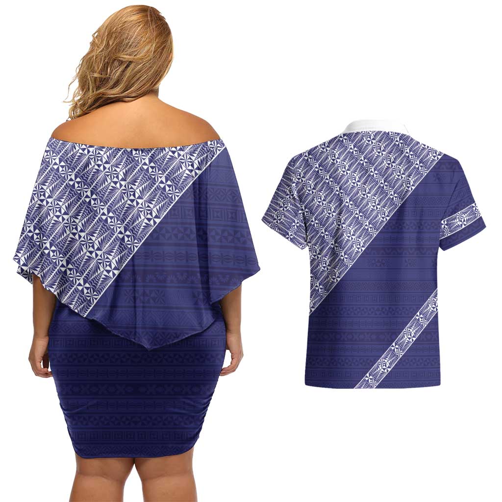 Tonga Queen Salote College Couples Matching Off Shoulder Short Dress and Hawaiian Shirt 100 Years Anniversary Navy Color LT05 - Polynesian Pride