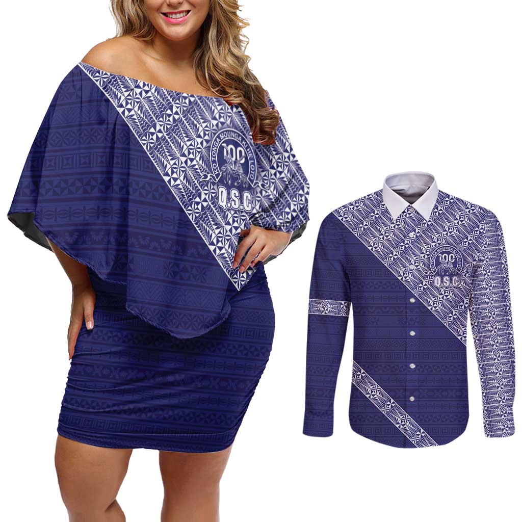 Tonga Queen Salote College Couples Matching Off Shoulder Short Dress and Long Sleeve Button Shirt 100 Years Anniversary Navy Color