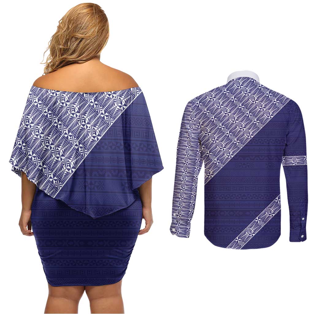 Tonga Queen Salote College Couples Matching Off Shoulder Short Dress and Long Sleeve Button Shirt 100 Years Anniversary Navy Color