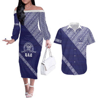 Tonga Queen Salote College Couples Matching Off The Shoulder Long Sleeve Dress and Hawaiian Shirt 100 Years Anniversary Navy Color LT05 Navy - Polynesian Pride
