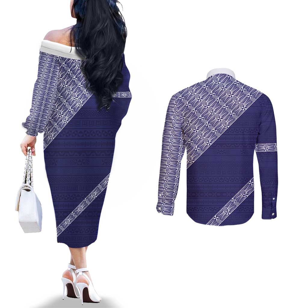 Tonga Queen Salote College Couples Matching Off The Shoulder Long Sleeve Dress and Long Sleeve Button Shirt 100 Years Anniversary Navy Color LT05 - Polynesian Pride