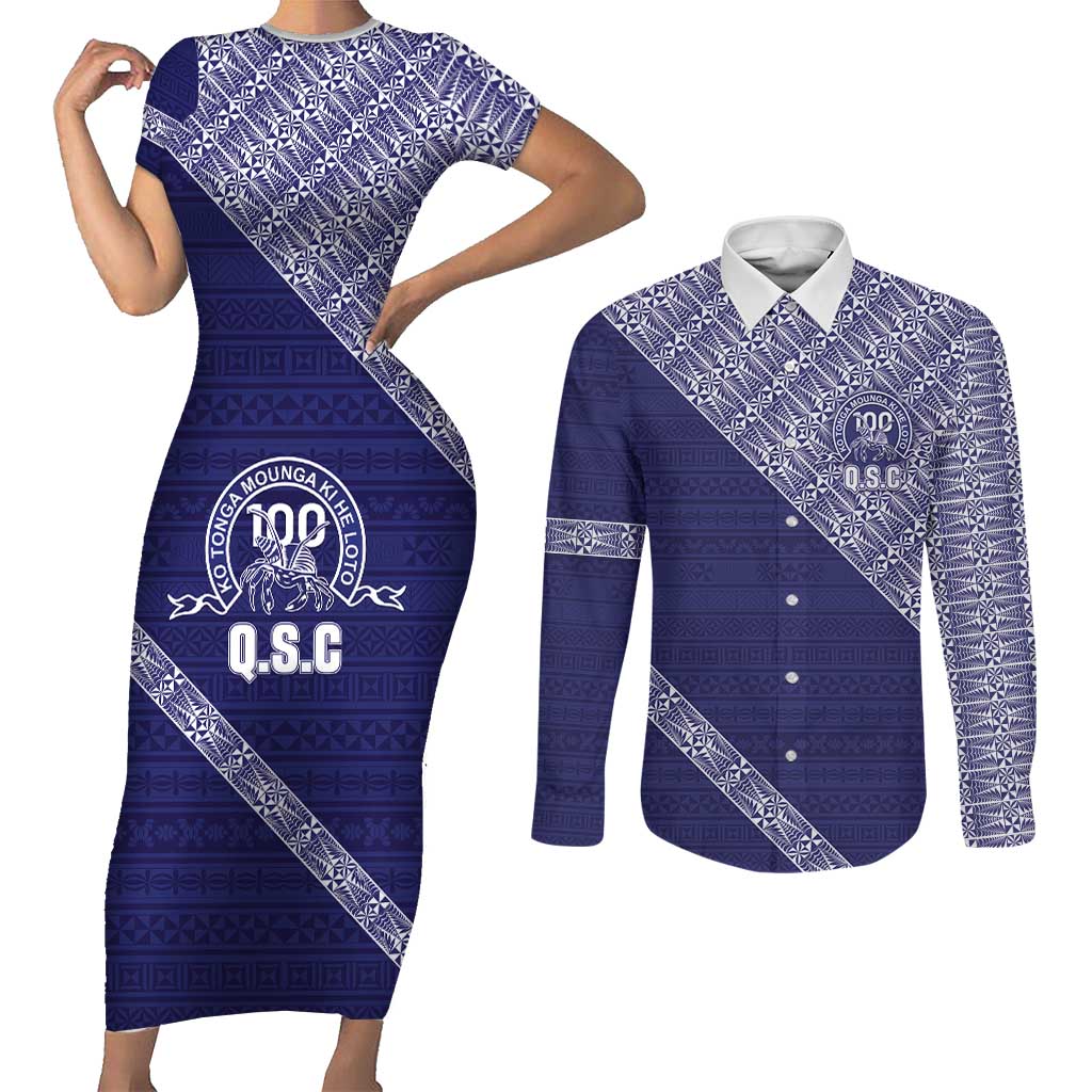 Tonga Queen Salote College Couples Matching Short Sleeve Bodycon Dress and Long Sleeve Button Shirt 100 Years Anniversary Navy Color LT05 Navy - Polynesian Pride
