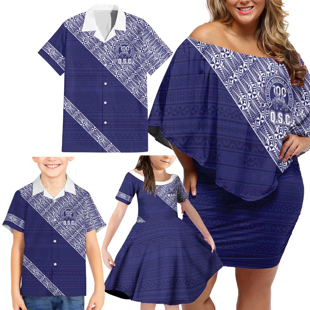 Tonga Queen Salote College Family Matching Off Shoulder Short Dress and Hawaiian Shirt 100 Years Anniversary Navy Color LT05 - Polynesian Pride