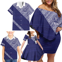 Tonga Queen Salote College Family Matching Off Shoulder Short Dress and Hawaiian Shirt 100 Years Anniversary Navy Color LT05 - Polynesian Pride
