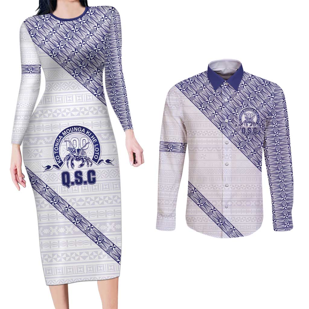 Tonga Queen Salote College Couples Matching Long Sleeve Bodycon Dress and Long Sleeve Button Shirt 100 Years Anniversary White Color LT05 White - Polynesian Pride