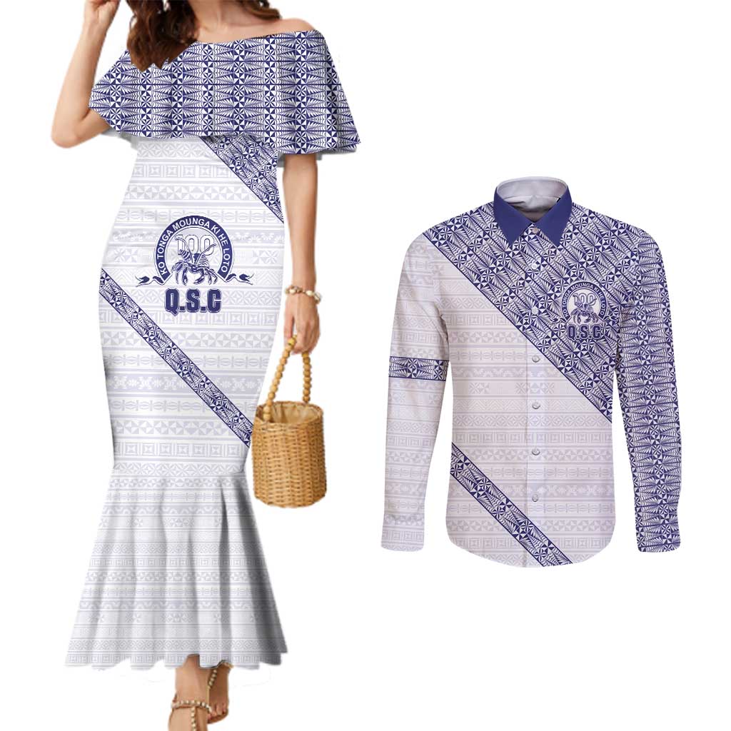 Tonga Queen Salote College Couples Matching Mermaid Dress and Long Sleeve Button Shirt 100 Years Anniversary White Color LT05 White - Polynesian Pride