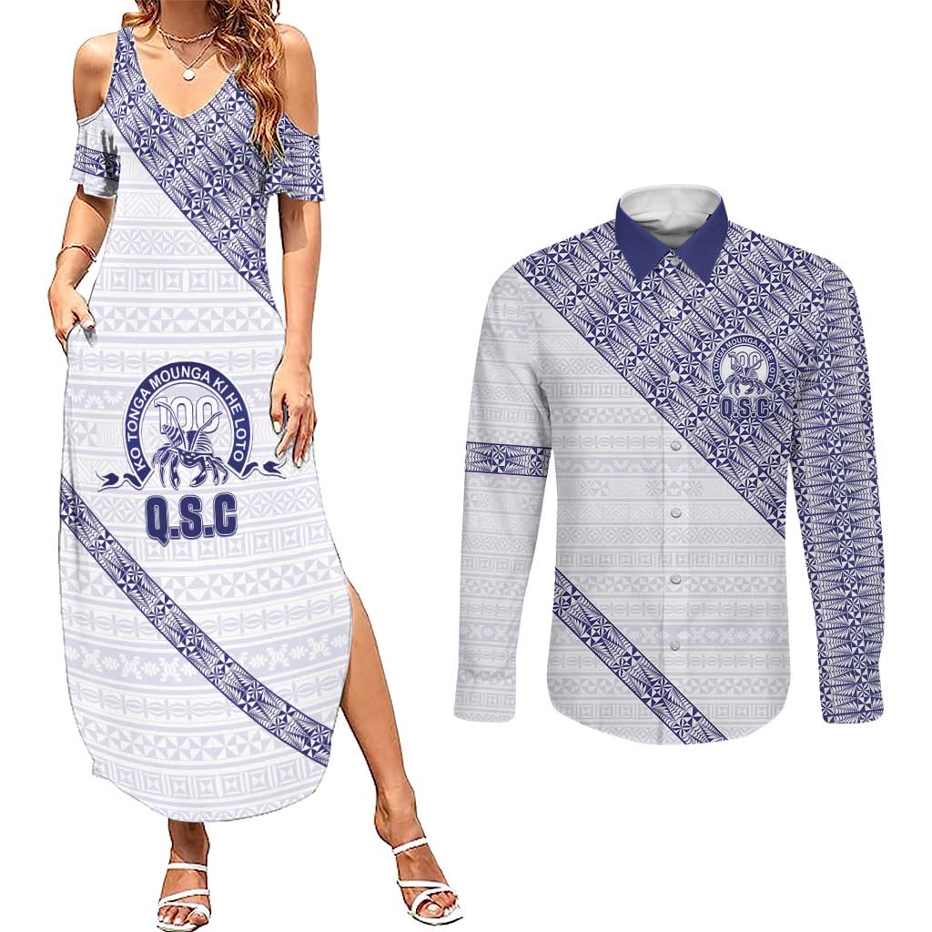 Tonga Queen Salote College Couples Matching Summer Maxi Dress and Long Sleeve Button Shirt 100 Years Anniversary White Color LT05 White - Polynesian Pride
