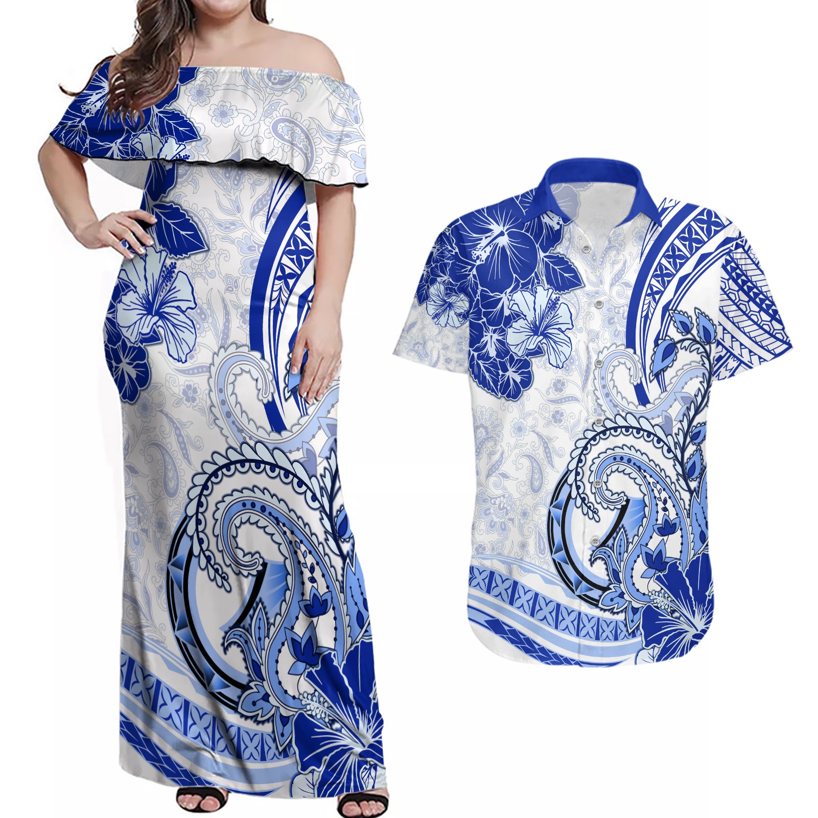 Polynesia Paisley Couples Matching Off Shoulder Maxi Dress and Hawaiian Shirt Mix Navy Polynesian Pattern LT05 Navy - Polynesian Pride