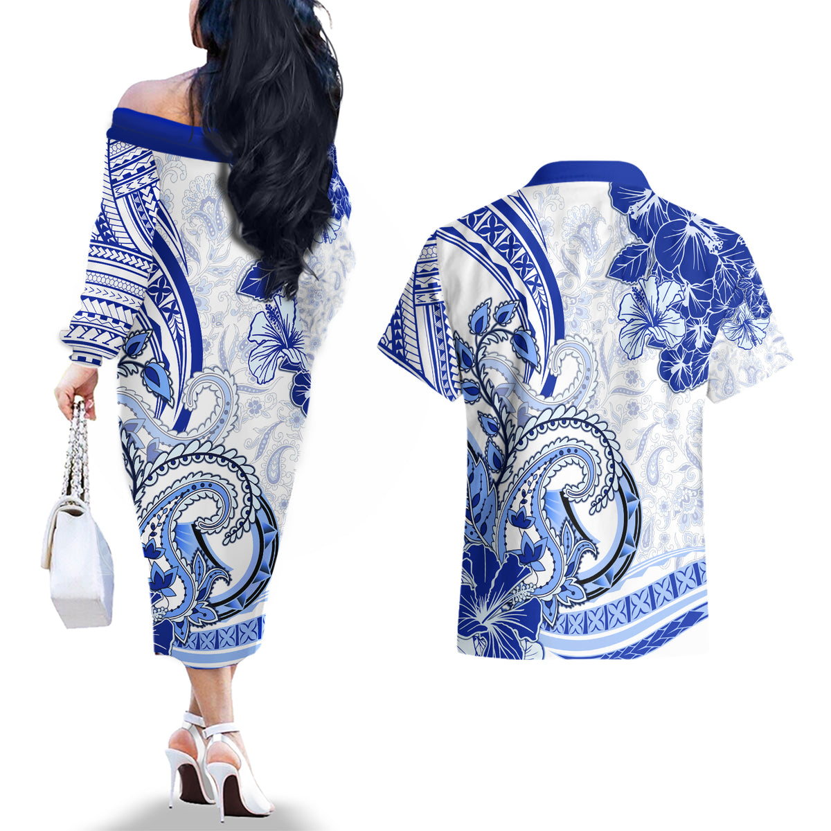 Polynesia Paisley Couples Matching Off The Shoulder Long Sleeve Dress and Hawaiian Shirt Mix Navy Polynesian Pattern LT05 - Polynesian Pride