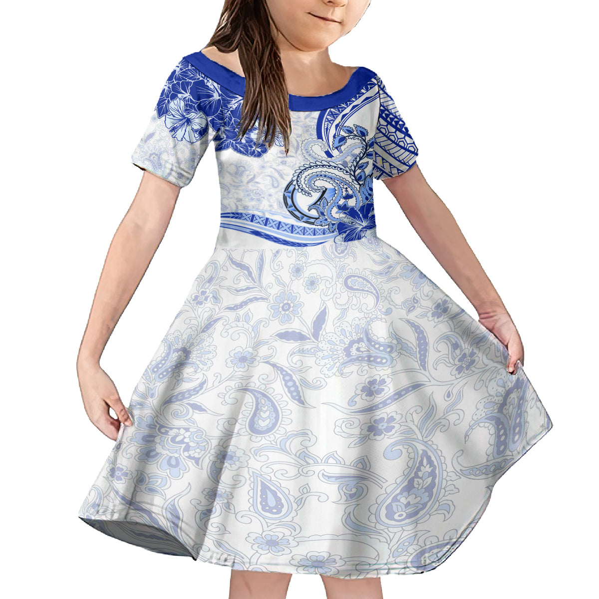 Polynesia Paisley Family Matching Off Shoulder Maxi Dress and Hawaiian Shirt Mix Navy Polynesian Pattern LT05 Daughter's Dress Navy - Polynesian Pride