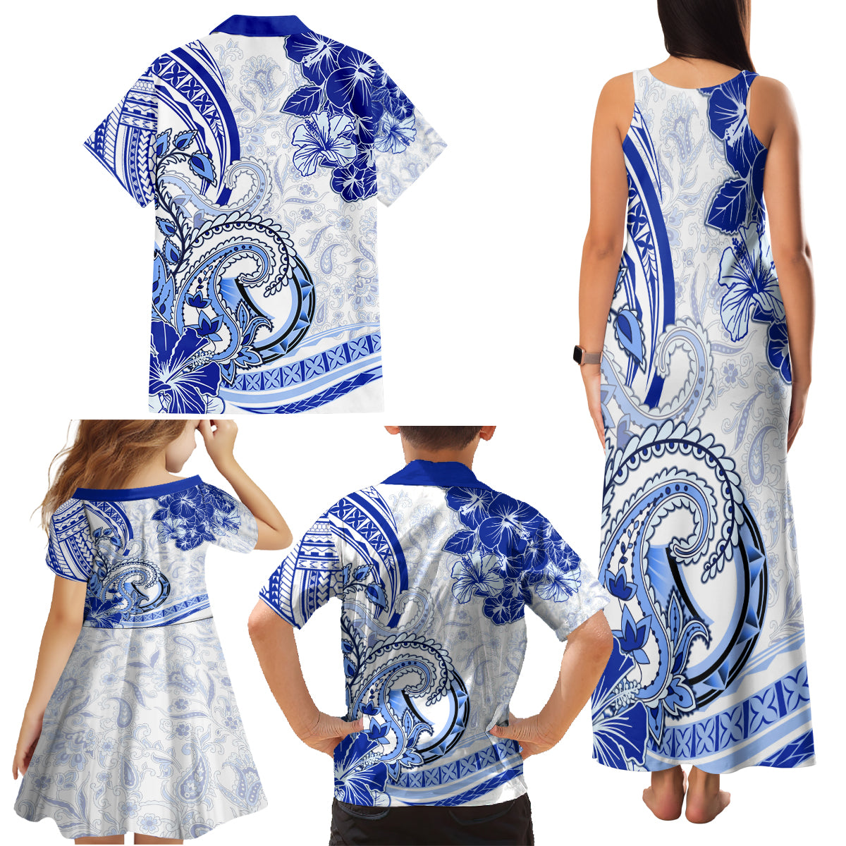 Polynesia Paisley Family Matching Tank Maxi Dress and Hawaiian Shirt Mix Navy Polynesian Pattern LT05 - Polynesian Pride