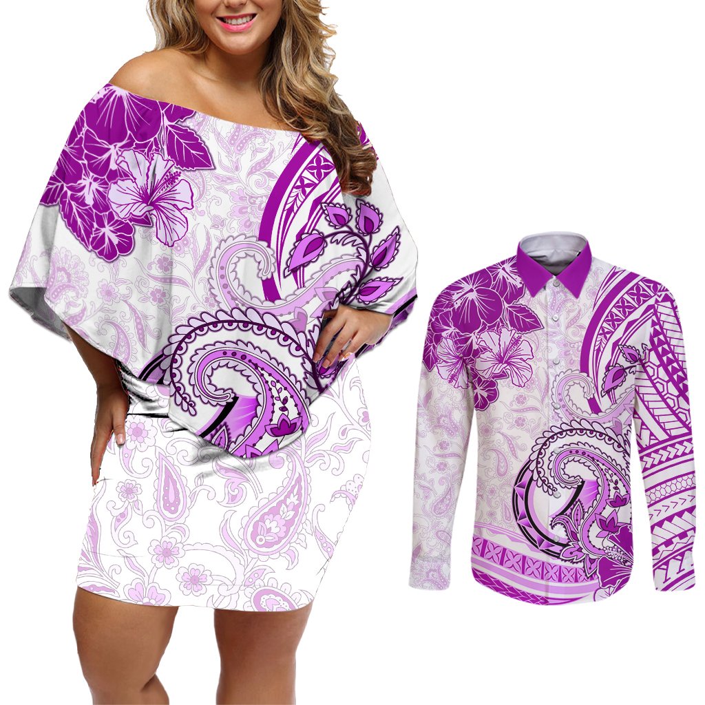 Polynesia Paisley Couples Matching Off Shoulder Short Dress and Long Sleeve Button Shirt Mix Pink Polynesian Pattern LT05 Pink - Polynesian Pride