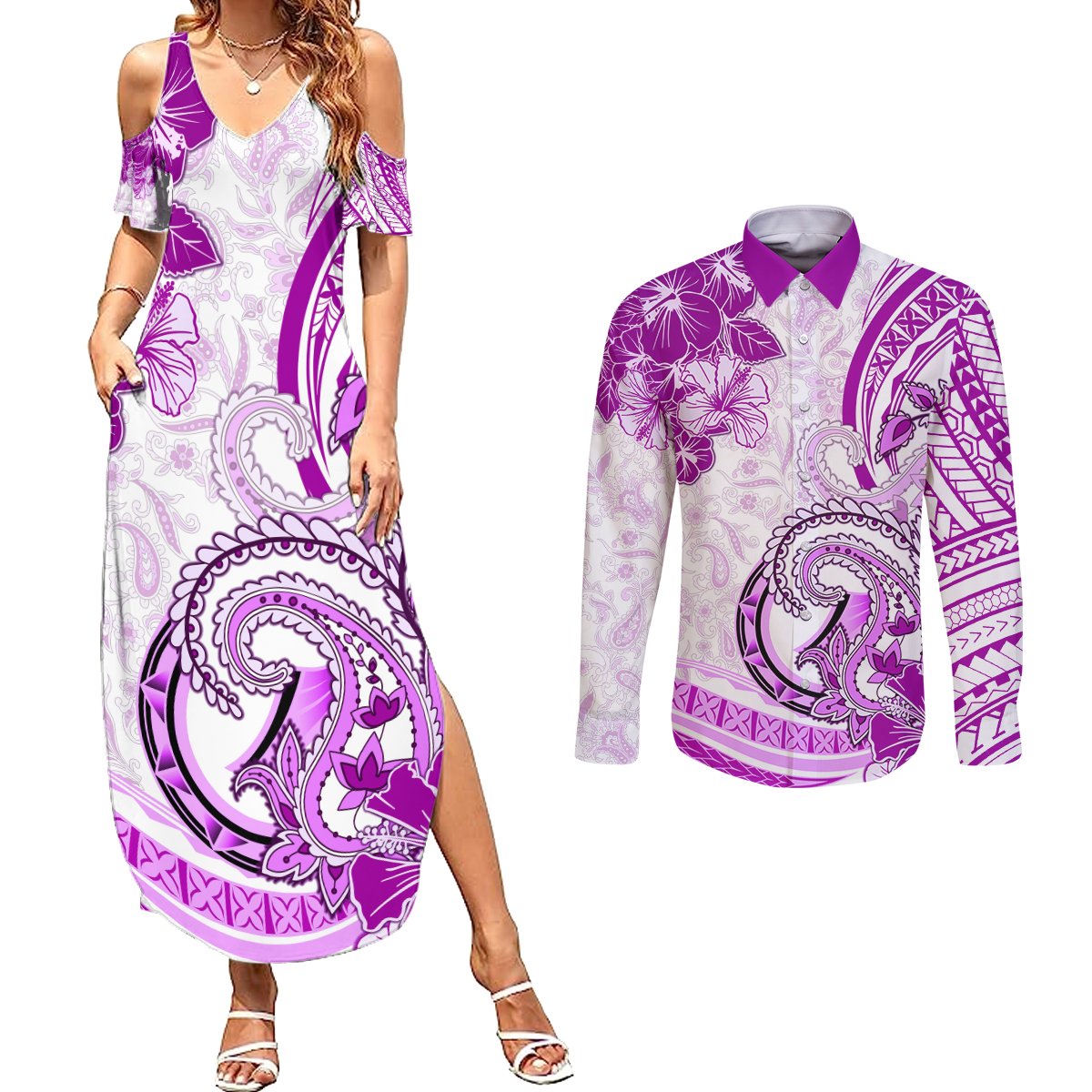 Polynesia Paisley Couples Matching Summer Maxi Dress and Long Sleeve Button Shirt Mix Pink Polynesian Pattern LT05 Pink - Polynesian Pride