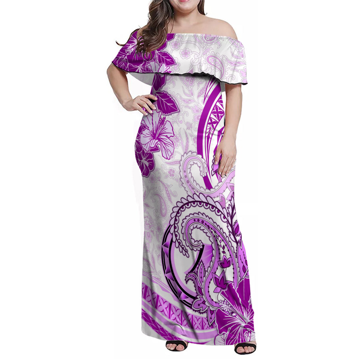Polynesia Paisley Family Matching Off Shoulder Maxi Dress and Hawaiian Shirt Mix Pink Polynesian Pattern LT05 Mom's Dress Pink - Polynesian Pride
