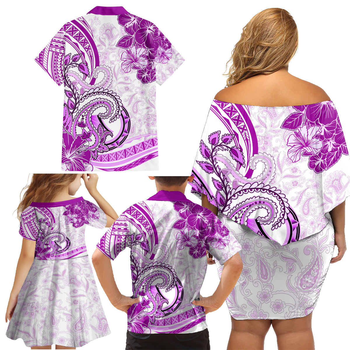 Polynesia Paisley Family Matching Off Shoulder Short Dress and Hawaiian Shirt Mix Pink Polynesian Pattern LT05 - Polynesian Pride