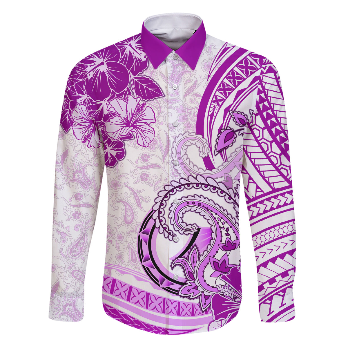 Polynesia Paisley Family Matching Puletasi and Hawaiian Shirt Mix Pink Polynesian Pattern LT05 Dad's Shirt - Long Sleeve Pink - Polynesian Pride
