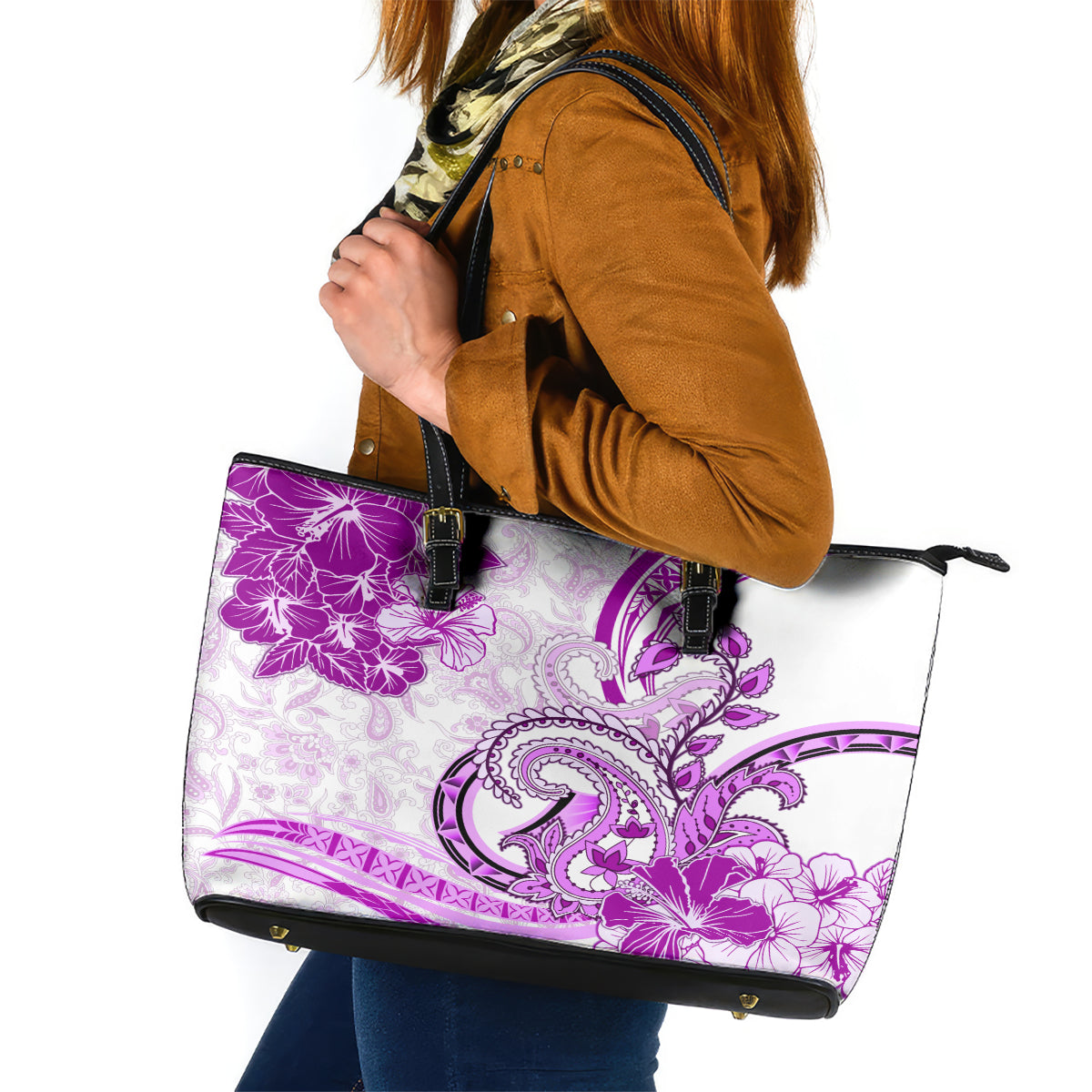 Polynesia Paisley Leather Tote Bag Mix Pink Polynesian Pattern